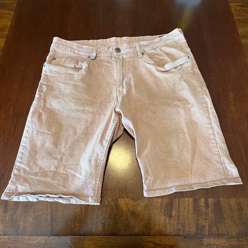 Buffalo David Bitton Tan Distressed Denim‎ Shorts Slim Stretch